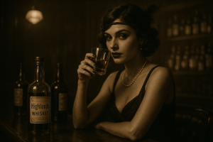 Woman holding whiskey in dim bar